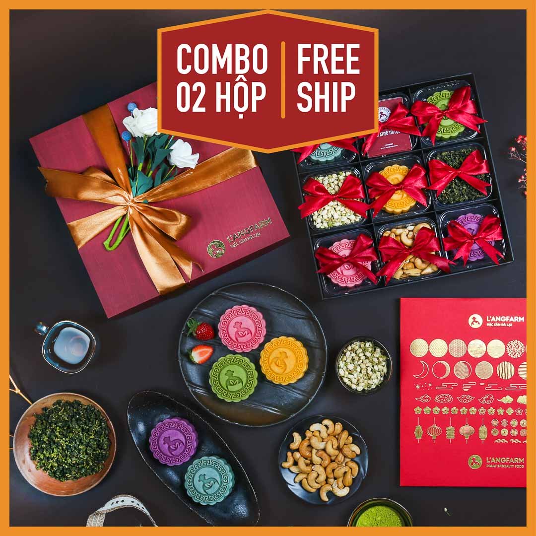 Combo 2 set quà bánh trung thu L'angfarm 2020, 9 món, hộp, màu gỗ đỏ crimson